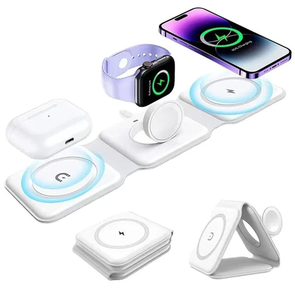 Set aus drei magnetischen faltbaren drahtlosen Ladegeräten für Smartphone, Uhr und eine eigenständige Platte.
