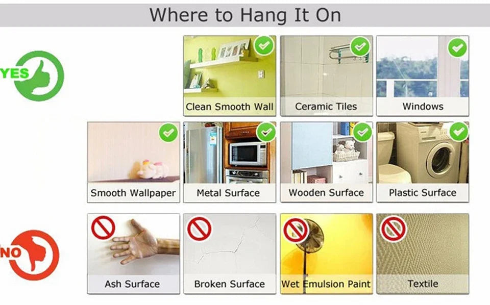 Guide showing where to hang self-adhesive pink marble wallpaper on various surfaces like walls, tiles, windows, and surfaces 