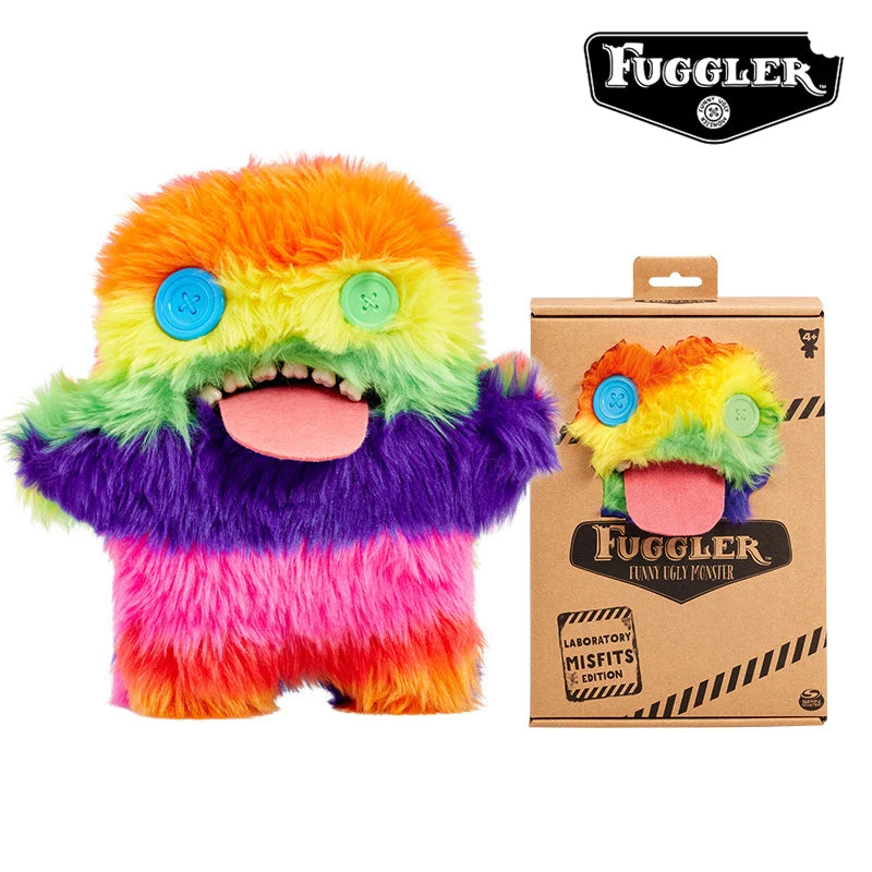 An orange, green, and purple fluffy monster plush toy with a pink tongue and large eyes.