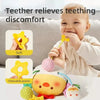 A baby is using a soft, chewable teether toy with a rattle and a hanging crab sensory toy for relief from teething discomfort