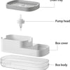 Diagram showing components of a countertop soap dispenser including a drain tray, pump head, box cover, and box body.