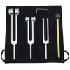 A black case containing a set of tuning forks with various sizes and metal handles.