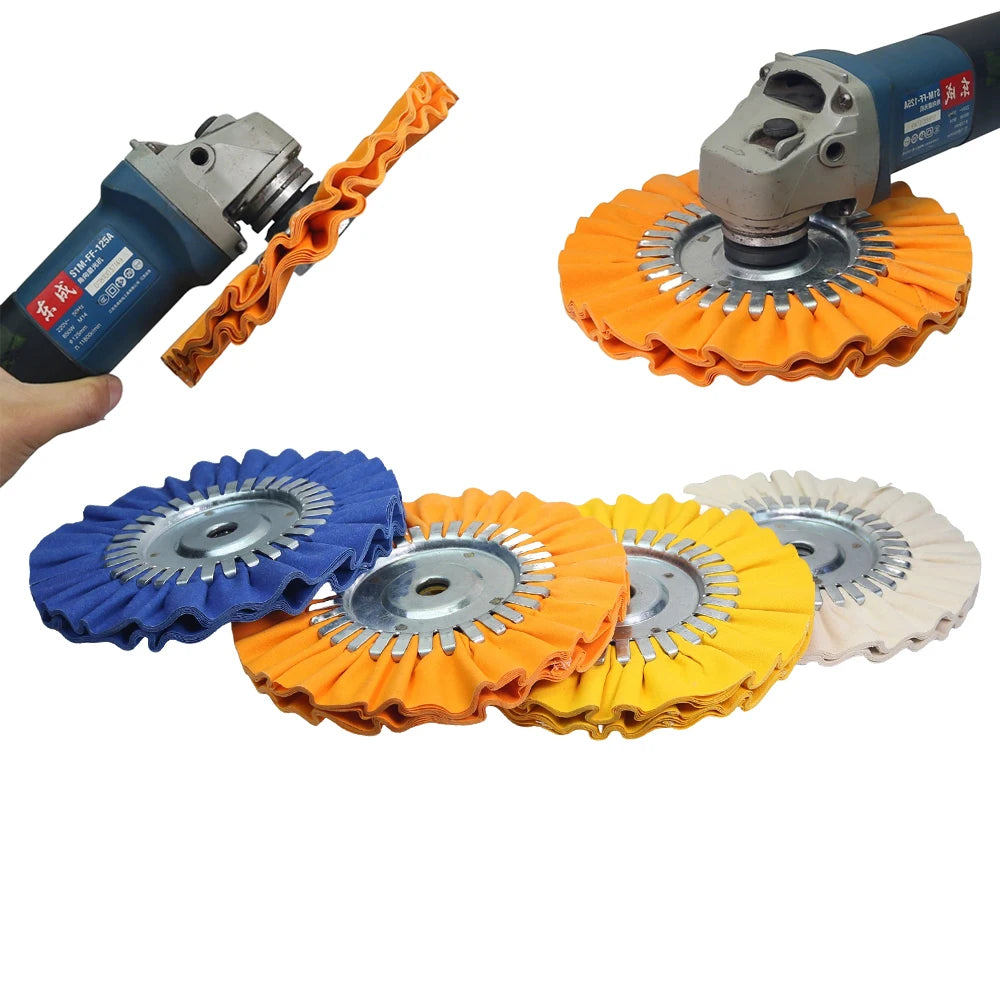 A set of four polishing wheels including a sanding disc and an orange brush for angle grinders.