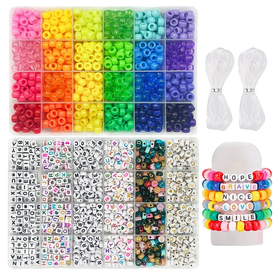 A large assortment of colorful pony beads and letter beads for crafting bracelets