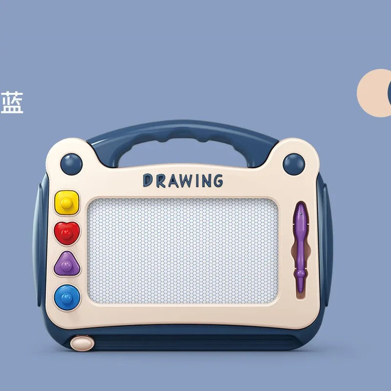 A light blue magnetic drawing board for kids with a clear surface and an eraser pen.