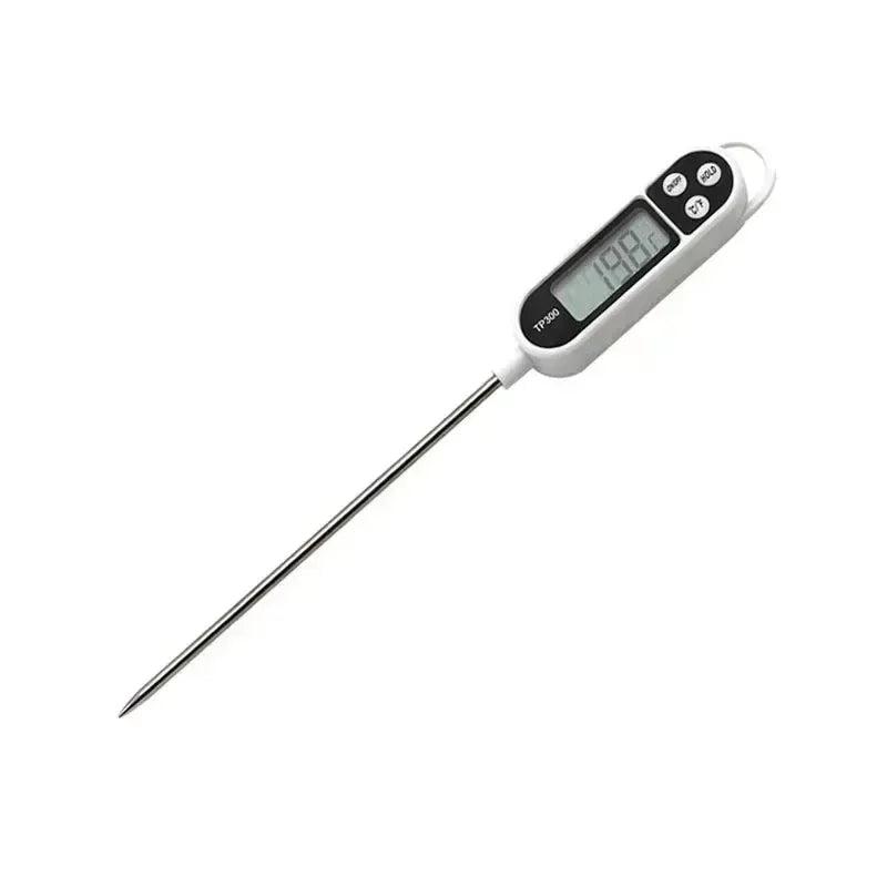 A white digital food thermometer with an instant readout displaying 19.8 degrees.