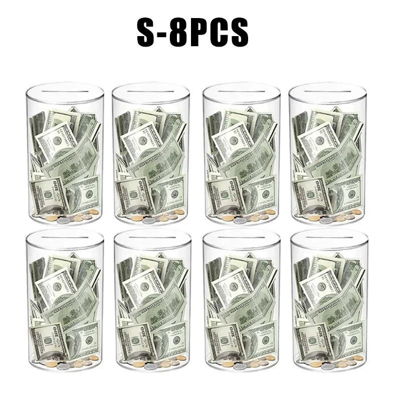 Eight clear acrylic piggy banks filled with US currency bills and coins.