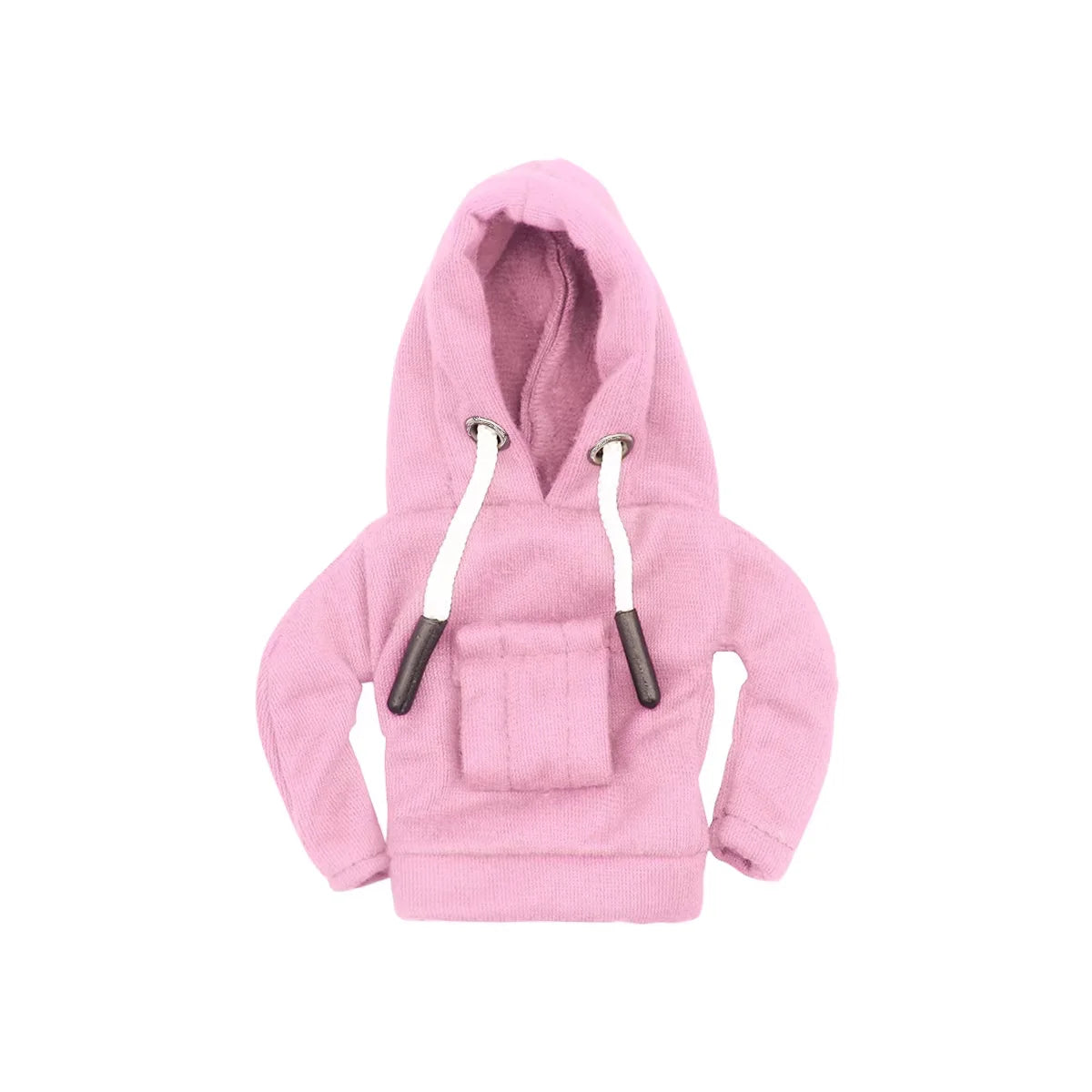 Sudadera de forro polar rosa acogedora con capucha y bolsillo frontal, cordones blancos y botones oscuros.