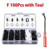A clear plastic box containing 100 pieces of various automotive fasteners and tools for car body trim.