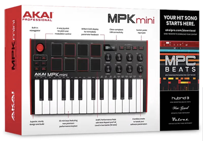 AKAI MPK Mini keyboard controller with drum pads and knobs shown in a red box.