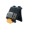 Black clip-on tape measure holder designed to secure a tape measure onto a belt.