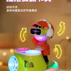An orange robot toy resembling a DJ with headphones and lights is shown on a surface.