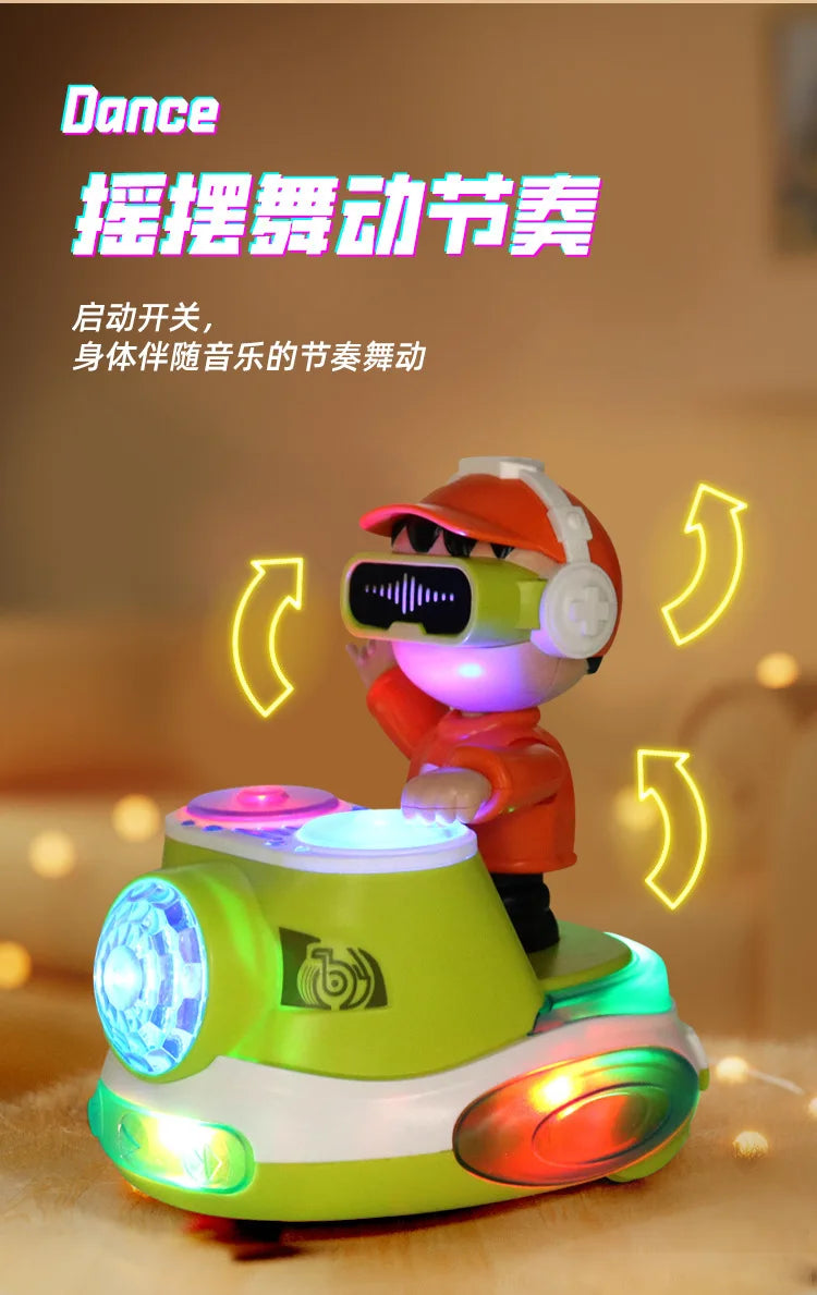 An orange robot toy resembling a DJ with headphones and lights is shown on a surface.