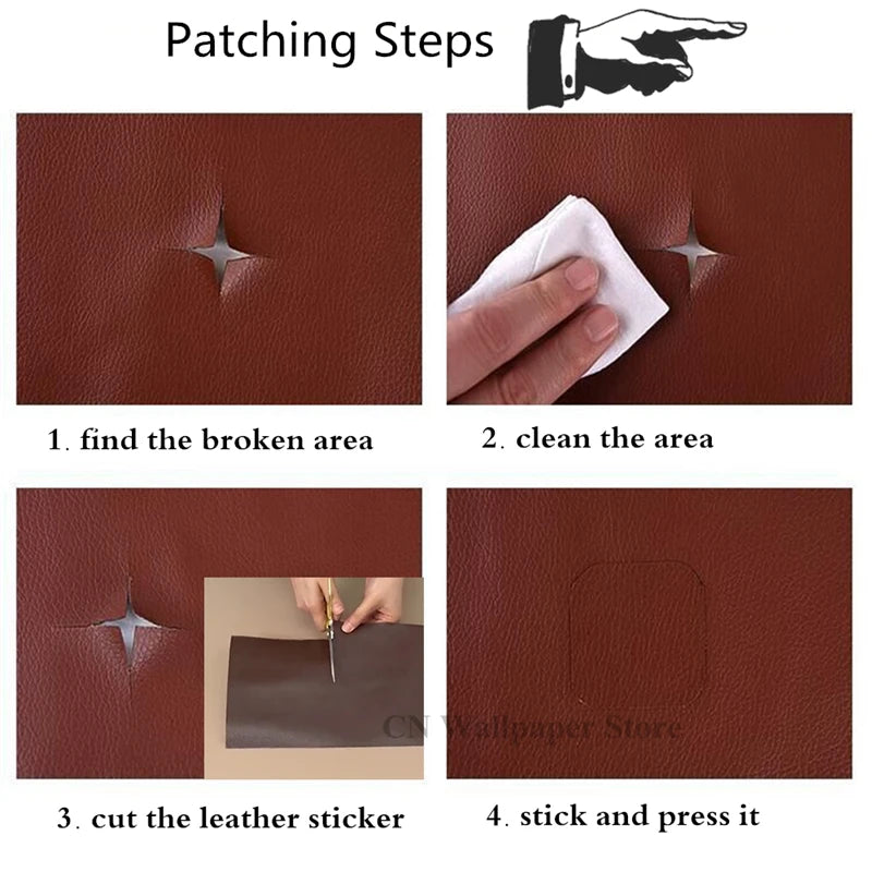 Four steps demonstrating how to patch a leather area using self-adhesive patches.