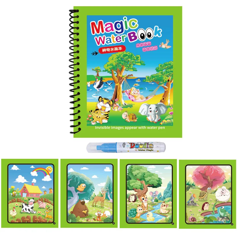 A green book titled Magic Water Book with colorful illustrations of animals and nature scenes.