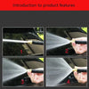 Four images showing an expandable garden hose with adjustable spray nozzles being used to spray water on a car surface.