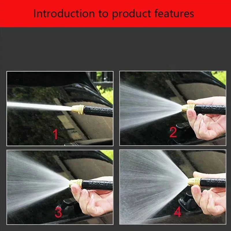 Four images showing an expandable garden hose with adjustable spray nozzles being used to spray water on a car surface.