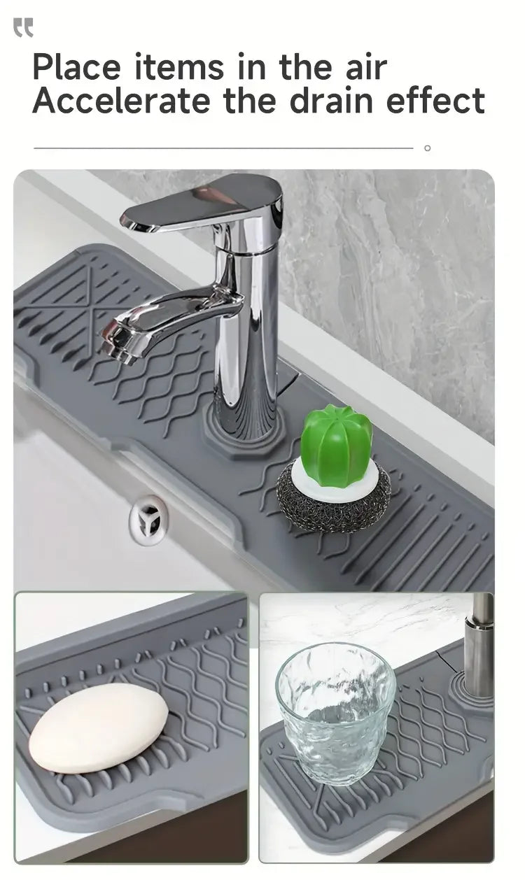 A non-slip silicone kitchen sink mat with a drain tray is shown in various applications for accelerating the drain effect.
