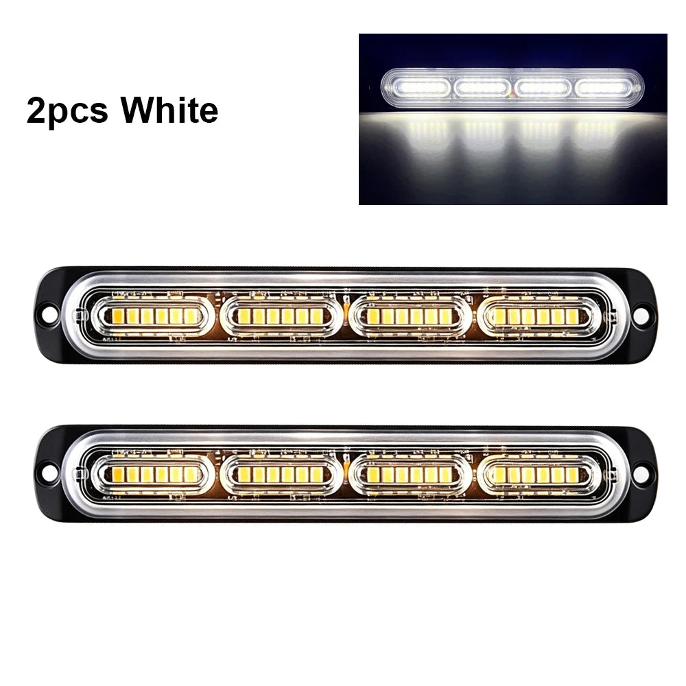 Two white LED strobe warning light bars shown in different finishes.