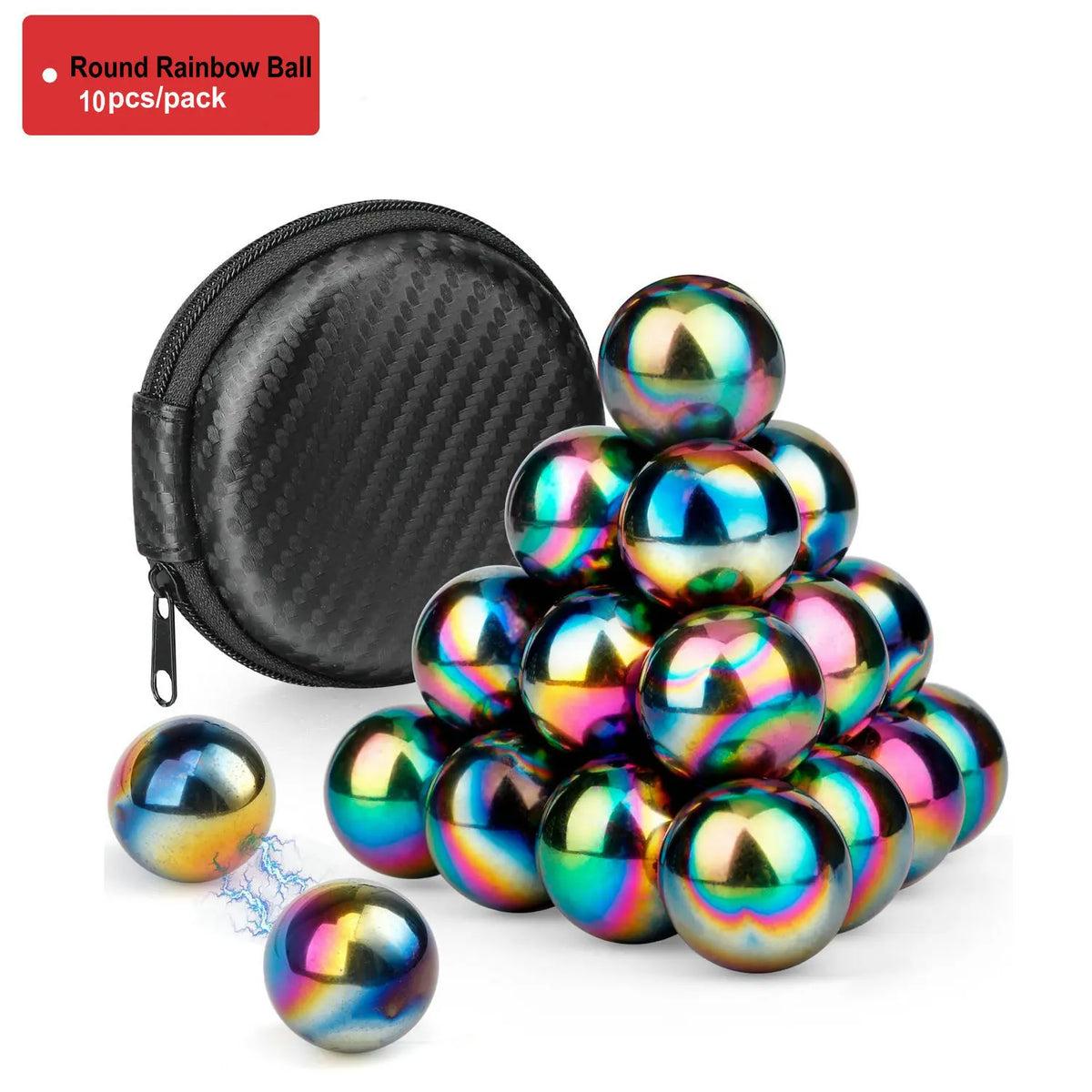 A set of iridescent magnetic fidget balls in various colors and a black storage pouch.