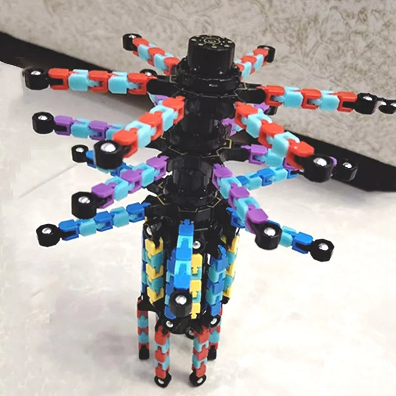 A colorful transformable fidget spinner set with multiple arms and spinning components.