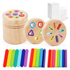 A set of wooden color sorting toys for toddlers featuring various colored wooden discs and sticks.
