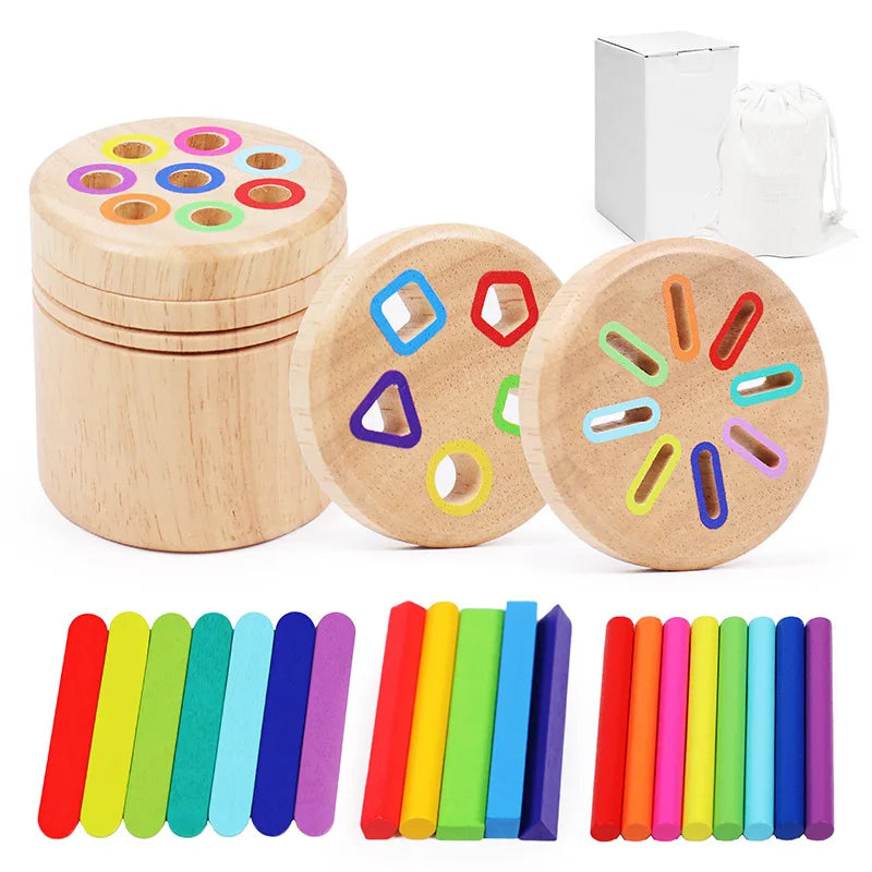 A set of wooden color sorting toys for toddlers featuring various colored wooden discs and sticks.