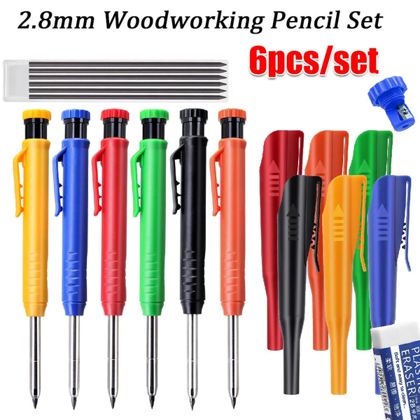 A set of six 2.8mm woodworking pencils in various colors including yellow, blue, red, green, and black.