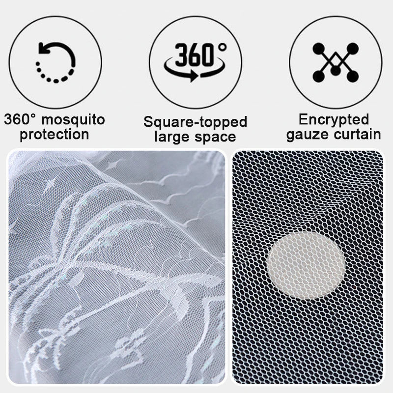 Close-up view of a white lace mosquito net fabric with intricate patterns and a hexagonal mesh curtain.