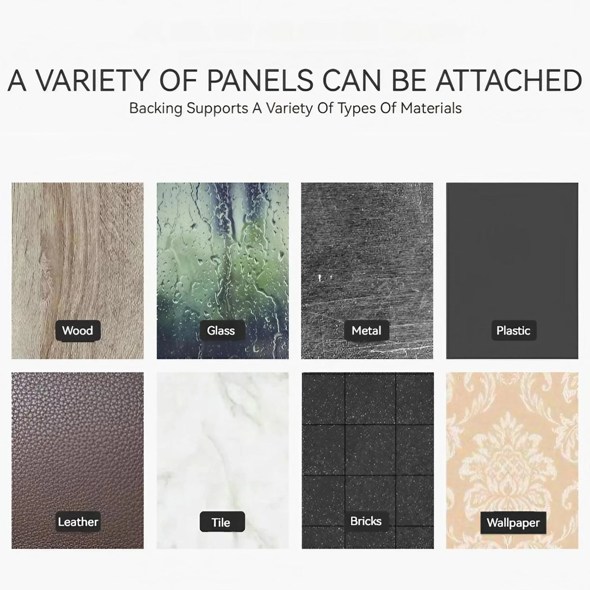 A variety of panels like wood, glass, metal, plastic, leather, tile, bricks, and wallpaper can be attached to a countertop ca