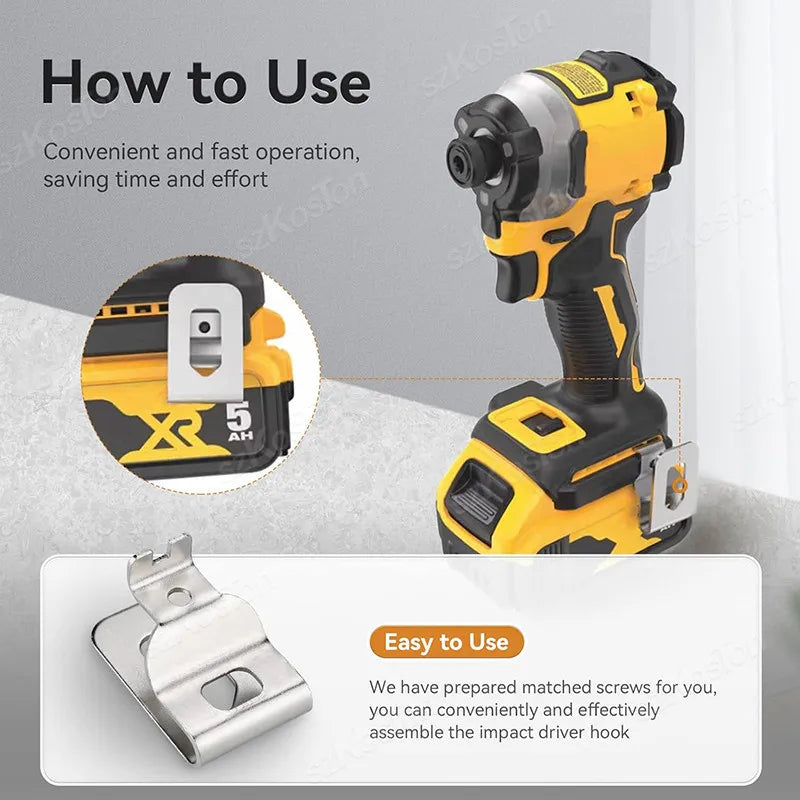 A yellow and black impact driver hook tool is shown with a close-up of the battery and instructions for easy use.