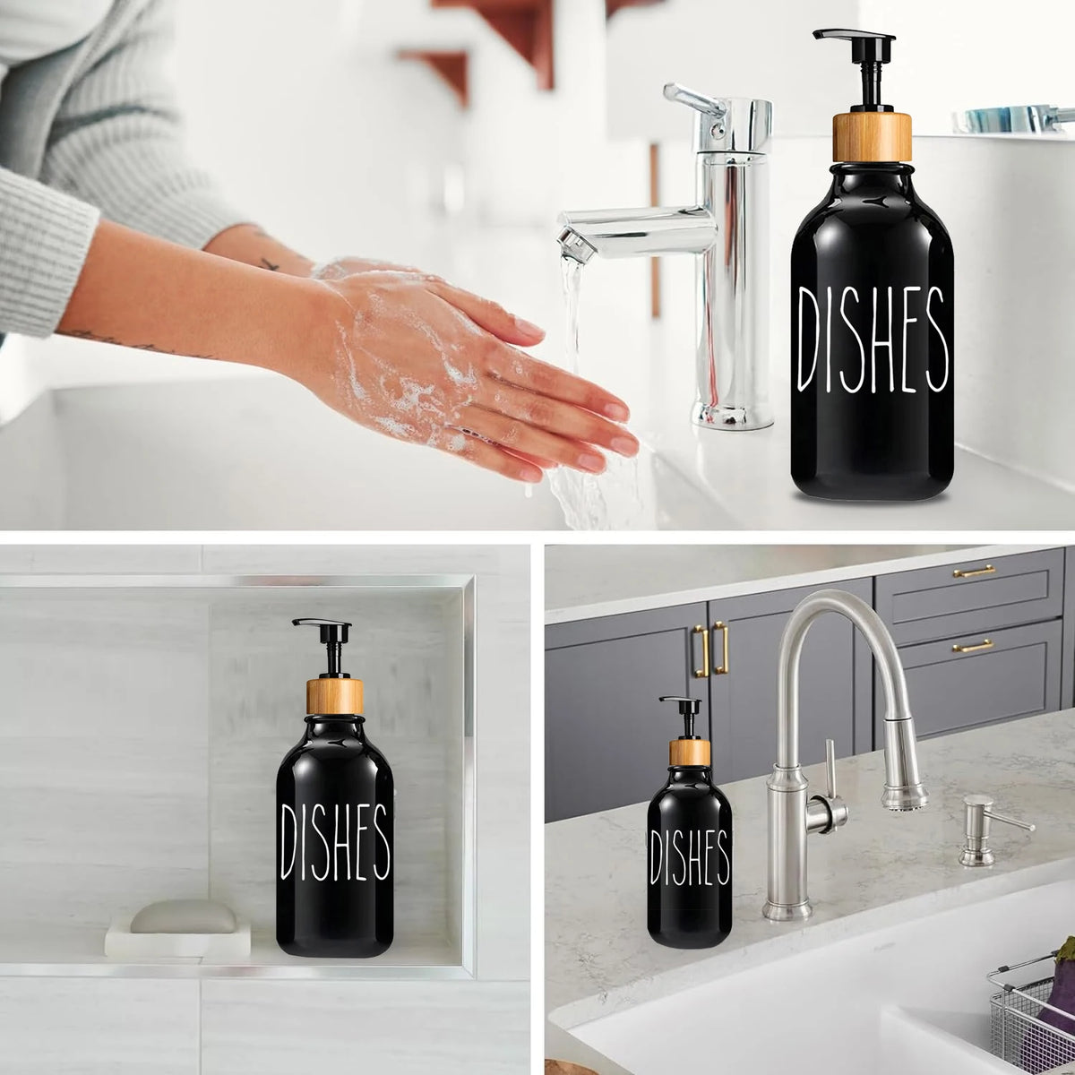 A hand is washing dishes under a faucet with a black bamboo pump dispenser for dishes.