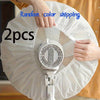Hands are holding a white dust cover for electric fans, showing two pieces.