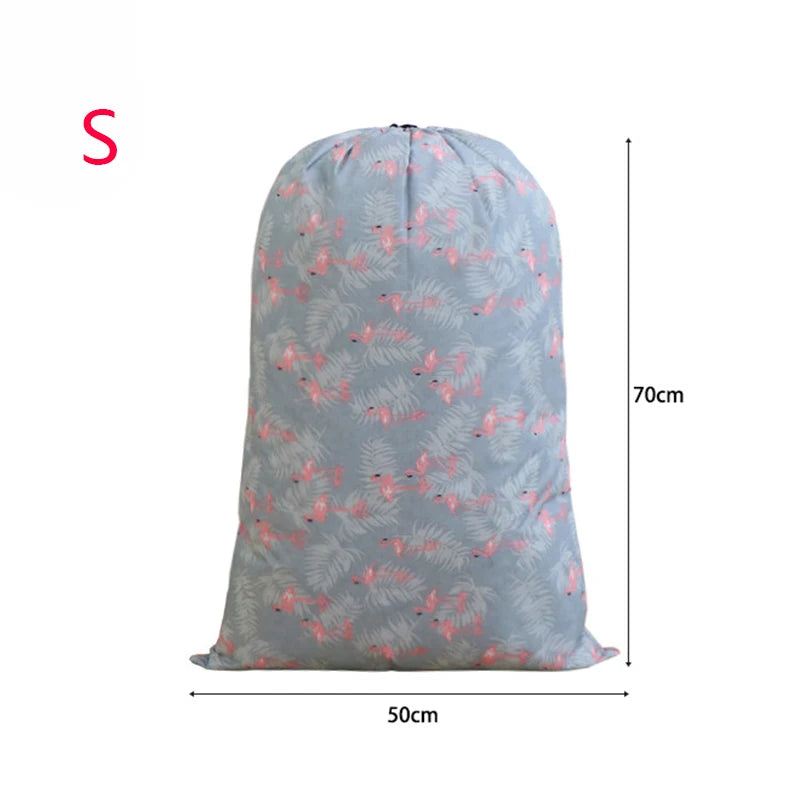 Light blue drawstring laundry bag with a floral pattern