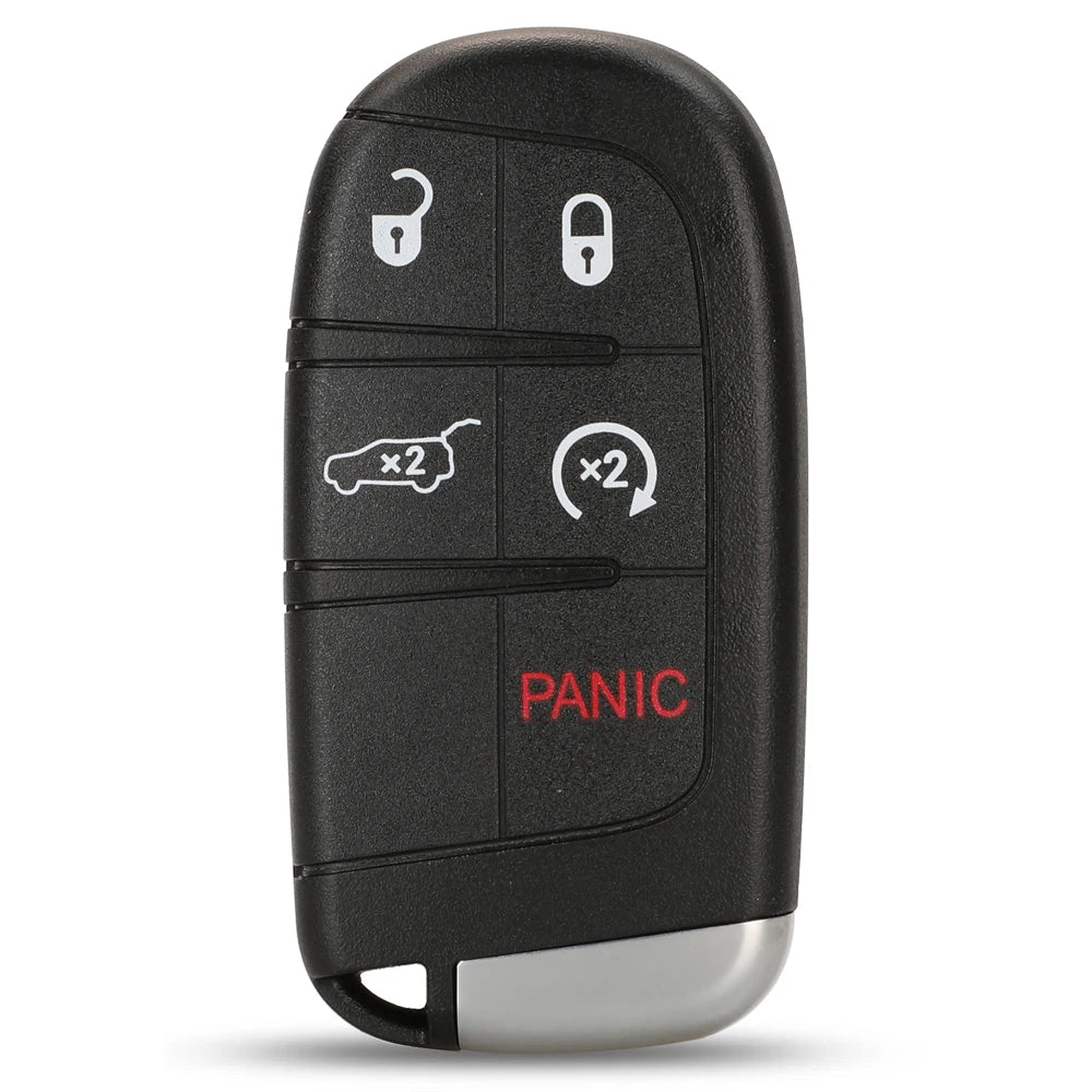 Black replacement key fob shell for Jeep, Dodge, Chrysler, and Fiat vehicles with various buttons.
