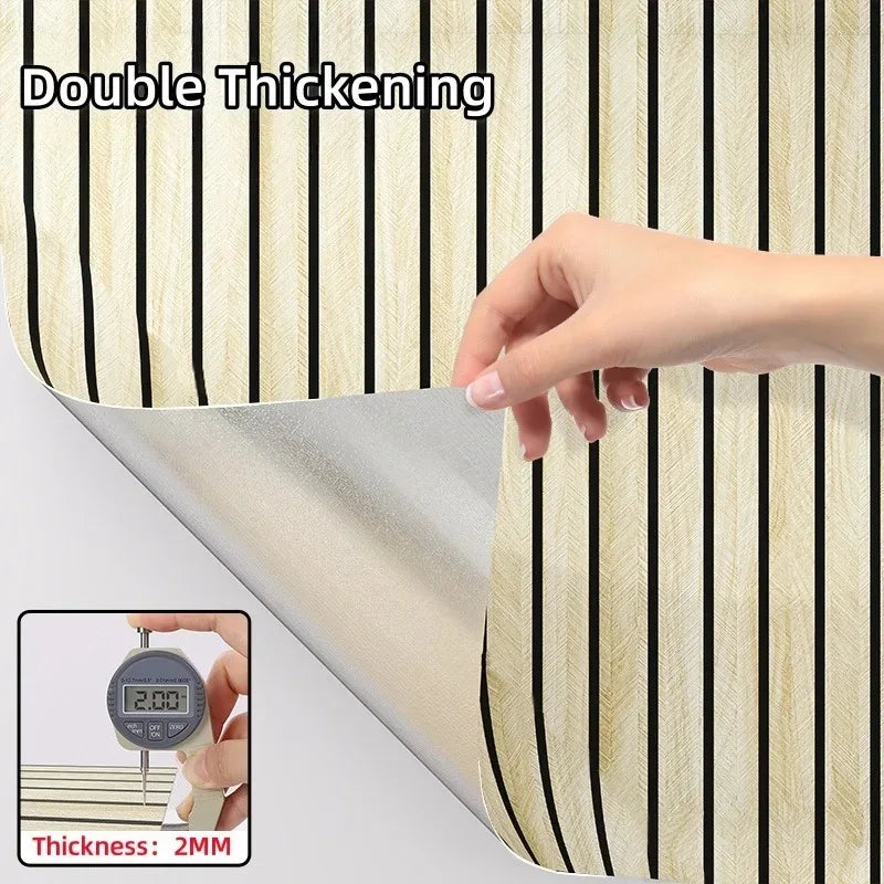 Close-up of double thickening self-adhesive wood grain wallpaper showing a hand touching the textured surface.