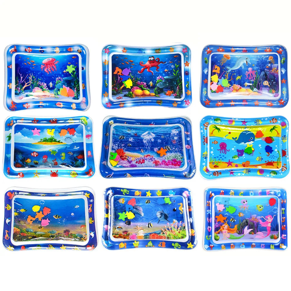 A set of colorful inflatable baby water play mats featuring underwater scenes and floating toys.