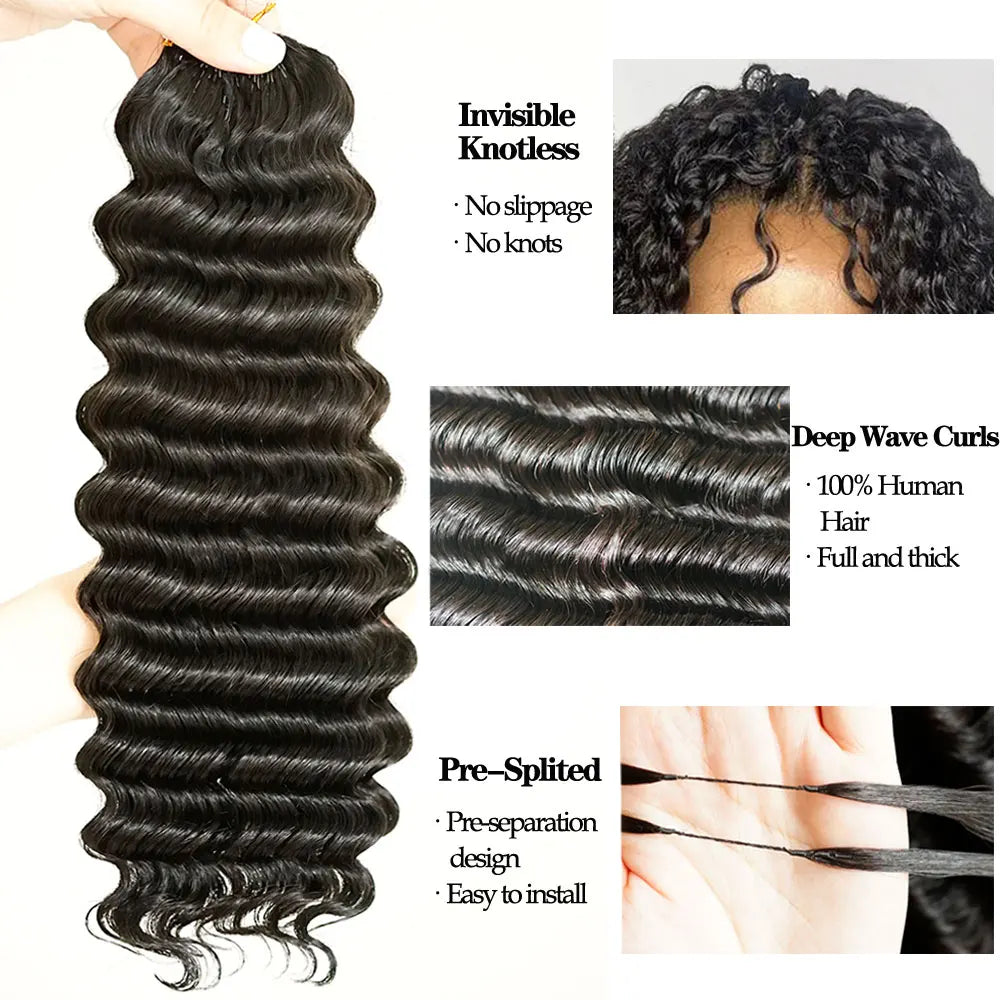 Black pre-split water wave human hair extensions with deep waves and knotless styling options