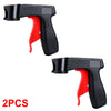 Two black and red ergonomic aerosol spray can handles with trigger grips shown side by side