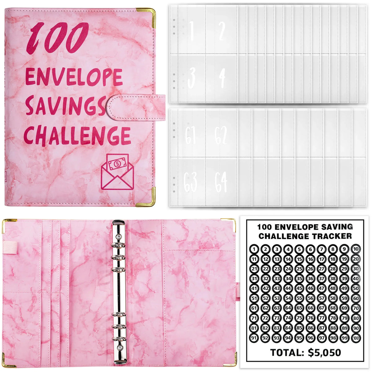 Marble A5 Savings Challenge Binder with 100 Cash Envelopes