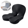 Black ergonomic memory foam car seat cushion with lumbar support shown next to a folded cushion.