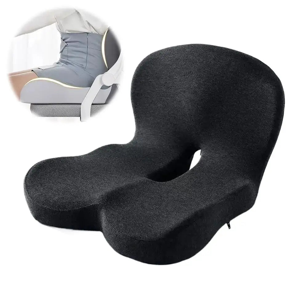 Black ergonomic memory foam car seat cushion with lumbar support shown next to a folded cushion.