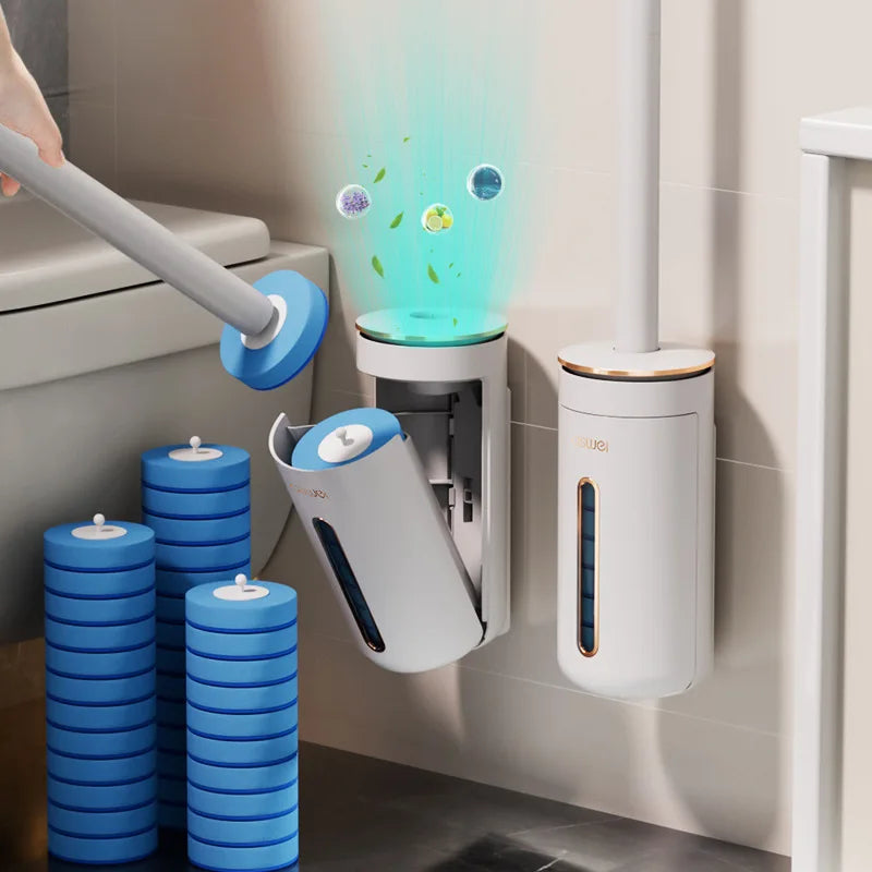 Wall-Mounted Disposable Toilet Brush Set with Refill Heads
