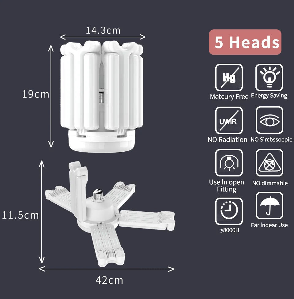 A white adjustable LED garage light bulb with five heads and an E27 base shown in various dimensions.