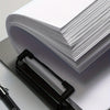 A stack of white paper documents is held by a black clip folder, demonstrating strong clamping force.