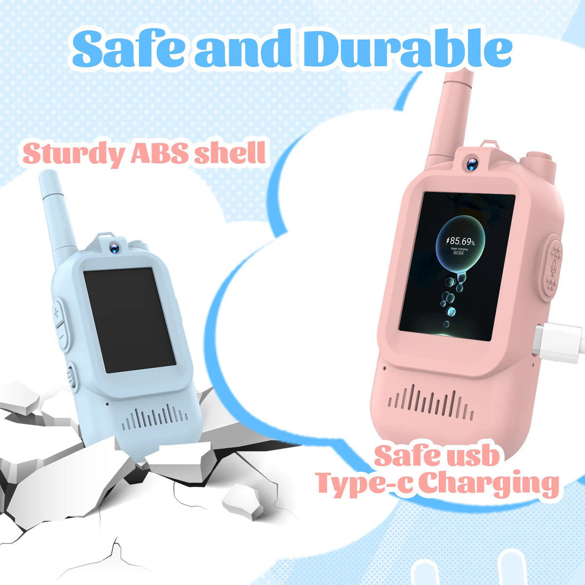 Pink and white sturdy ABS shell kids video walkie talkies with HD camera featuring safe USB Type-C charging
