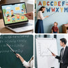 A collection of images showing a stainless steel telescopic teacher pointer being used in various educational contexts.