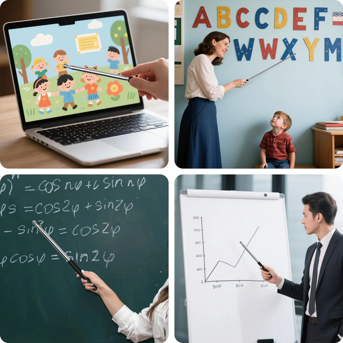 A collection of images showing a stainless steel telescopic teacher pointer being used in various educational contexts.