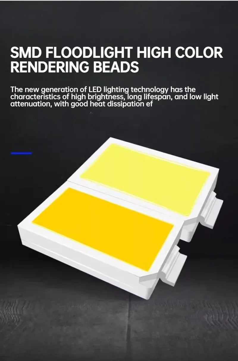 A yellow SMD floodlight LED rendering bead is shown on a white mounting base.