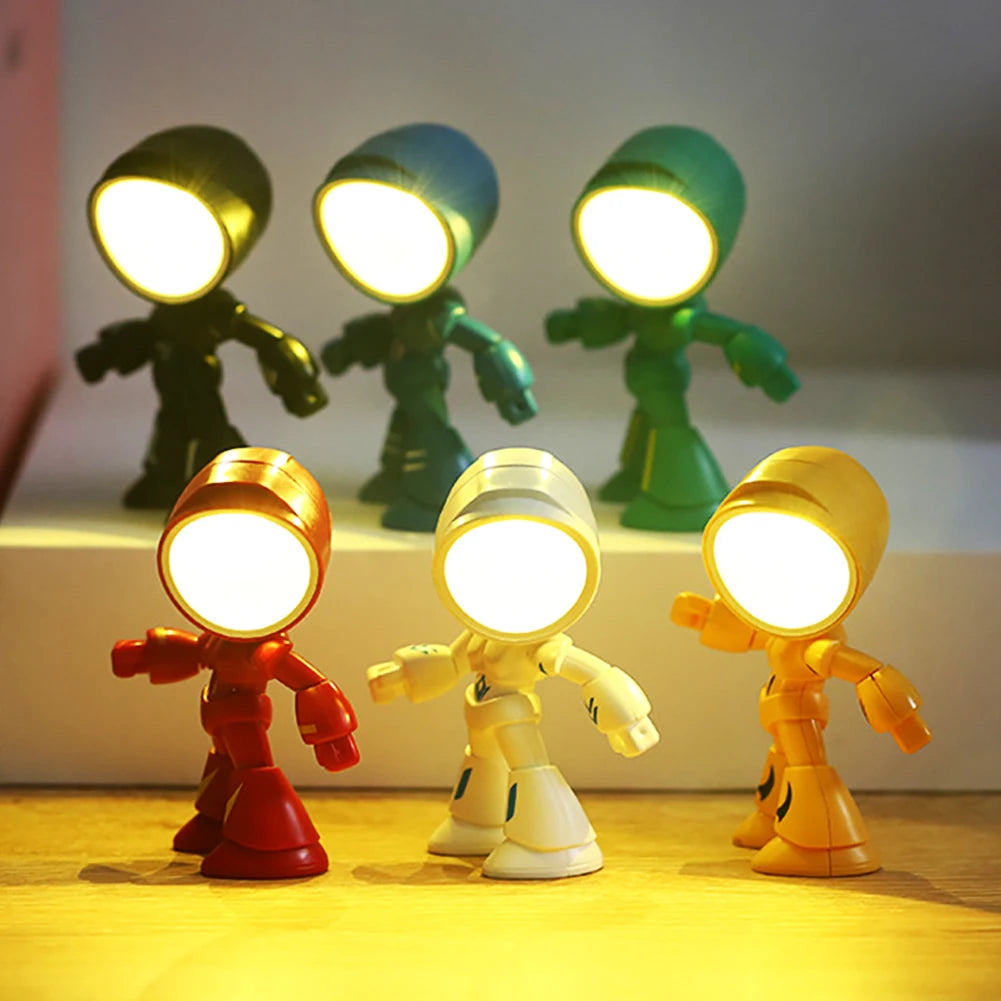 A set of bendable robot night lights in various colors, including black, blue, green, red, white, and yellow, illuminated on 